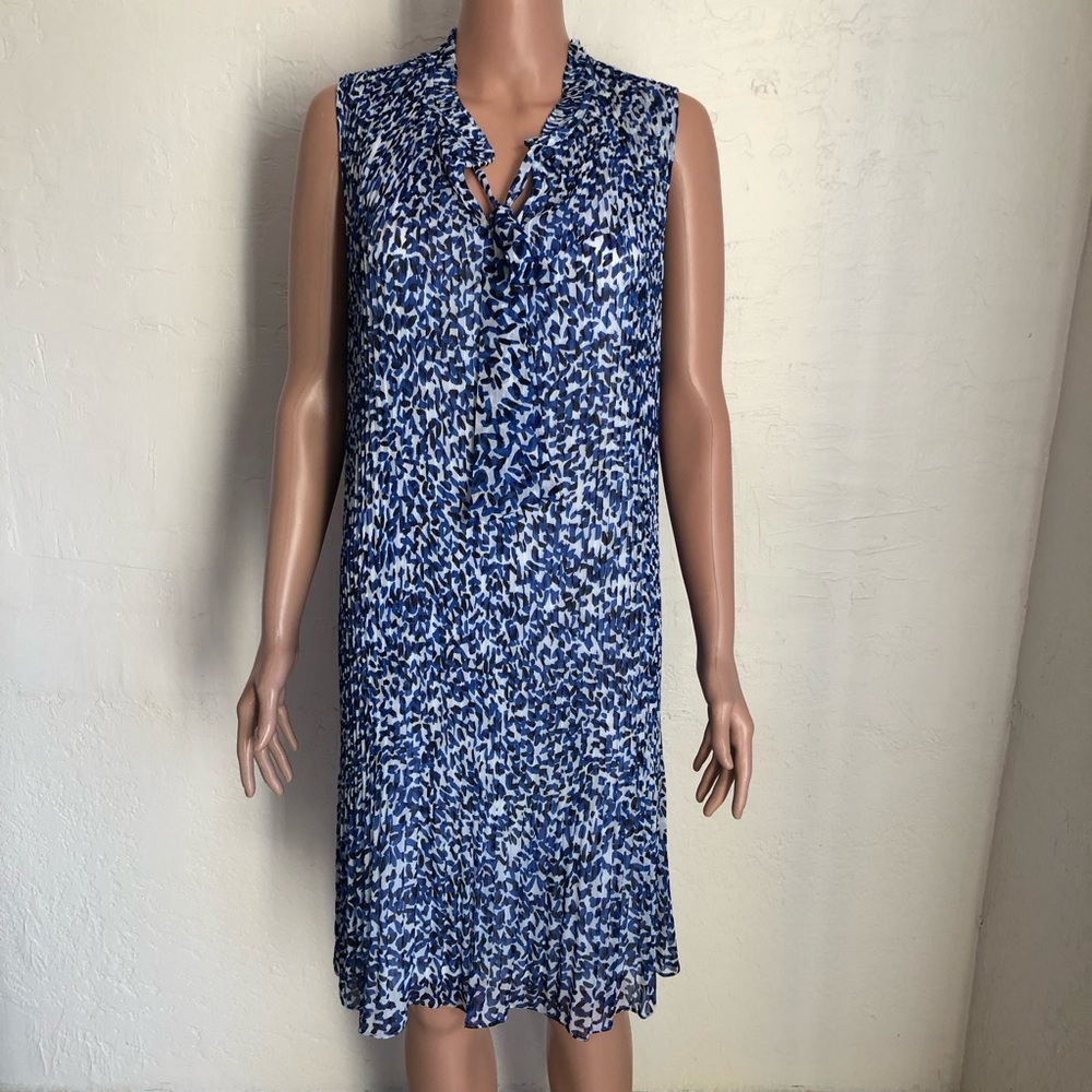 DKNY Blue/White Sleeveless Pleated Shift Dress Front-Tie Women’s Size 14 Elastic